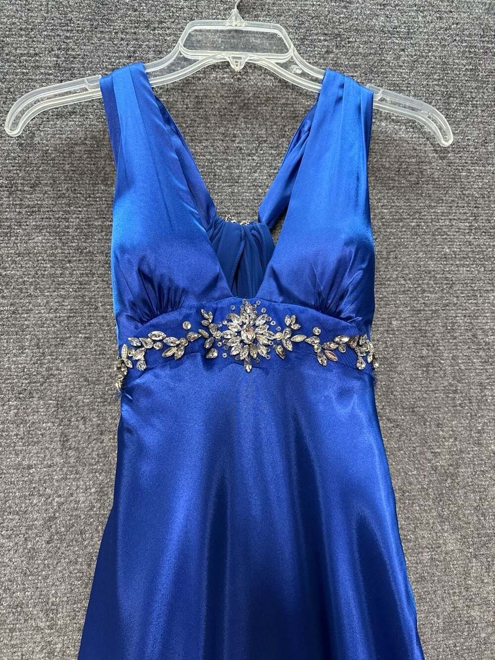 La Femme Royal Blue Satin Crystal Embellished Halter Prom Gown